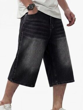 JMIERR NWT Men's Black Denim Jorts Loose Fit 5-Pocket Button Zip Shorts Sz 38